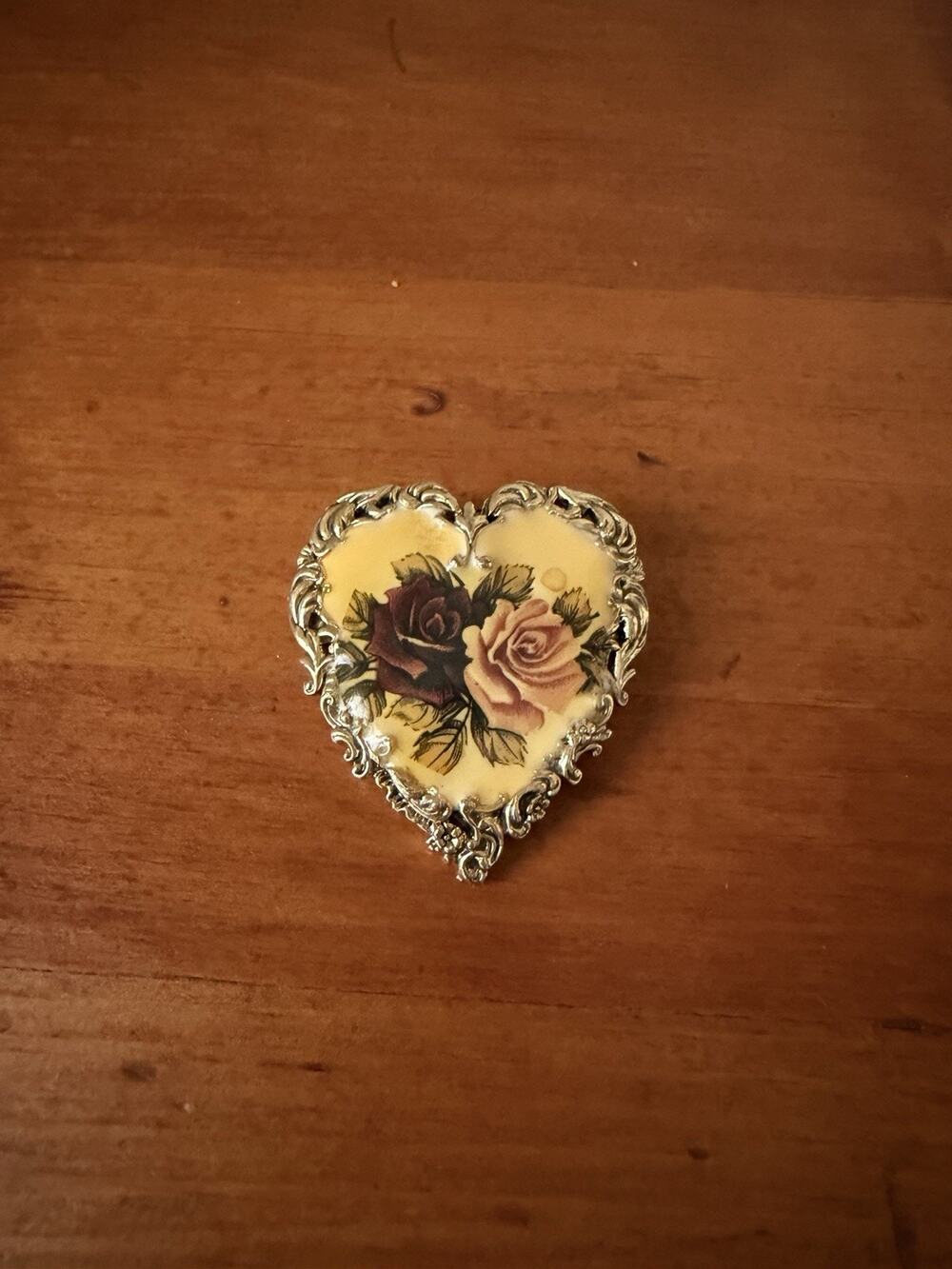 Vintage Heart Rose Filigree Gold-Tone Brooch Victorian Revival Style Passion